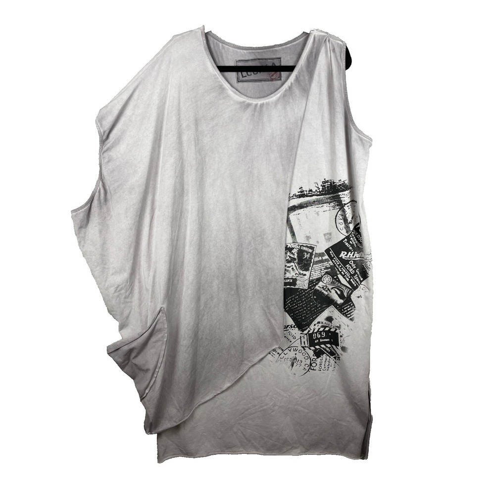 Luukaa Dress Gray Midi Lagenlook Art To Wear Vintage Stamps Graphic Asymmetrical